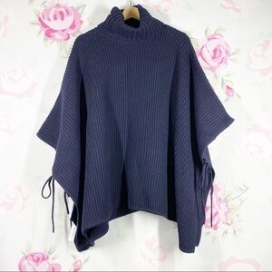 Loft Navy Blue Chunky Oversized Knit Side Tie Wool Blend Poncho XS S